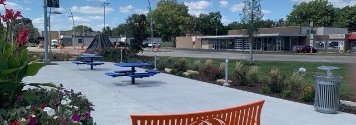 orange bench in a sitting area