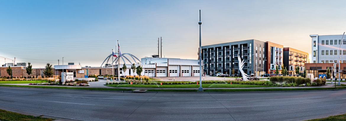 Panoramic View Of Downtown Bettendorf Tall Buildings with clear sky