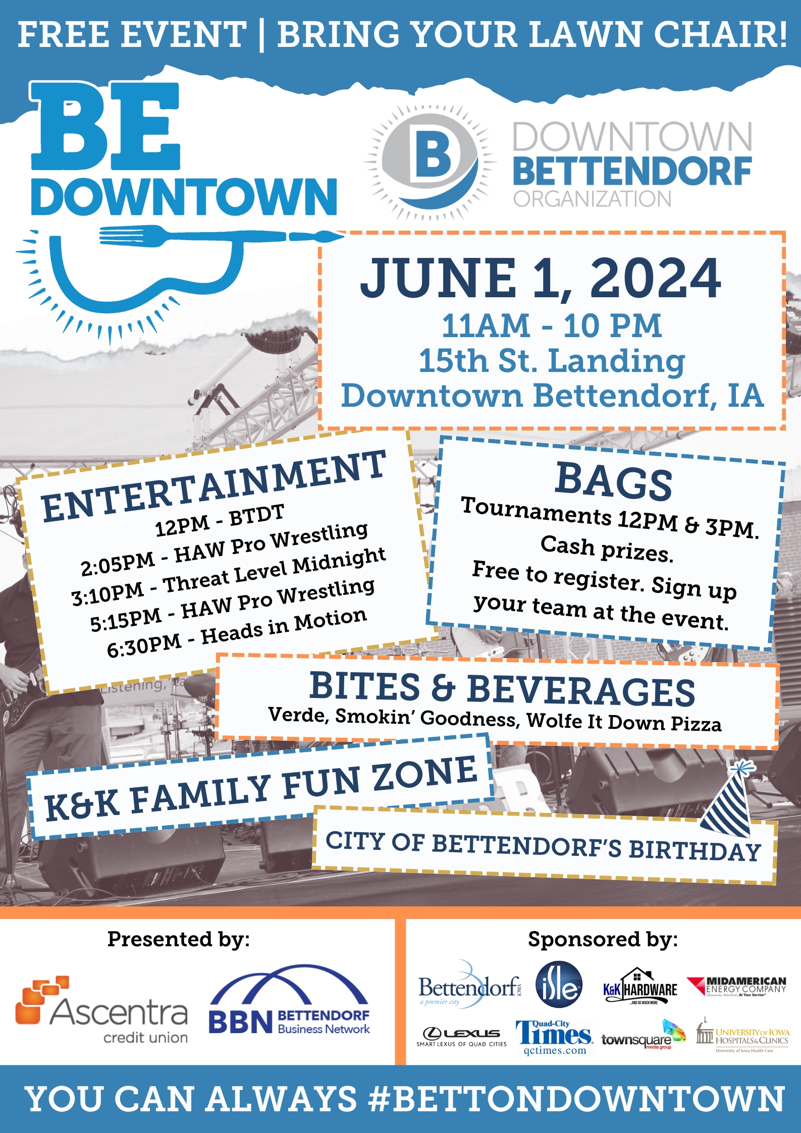 poster for be downtown event in downtown bettendorf